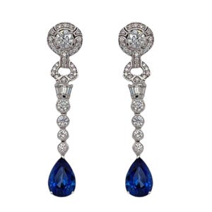 Art Deco Lab Blue Sapphire Dangle Earrings, 925 Sterling Silver Handcrafted Wedding Wear Jewelry For Women, Vintage Style Pear Drop Earrings