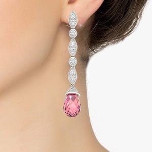 Briolette Drop Dangle Kolczyki Dla Kobiet Srebro Sterling 925 Różowe Turmaliny i Biały Okrągły Szlif Sprawdź Kolczyki Party Wear CZ, Ręcznie Robione