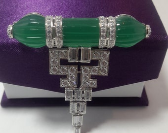 Antique Carved Emerald and Diamond (CZ) Brooch Pin, Purity 925 Sterling Silver Stylish Brooch For Women/Men, Coat Pin, Christmas Gift