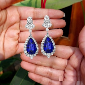 Pear Shaped Blue Sapphire Earrings, 925 Sterling Silver Halo CZ Pear Cut Dangle Drop Earrings, Bridal Earrings, Birthday Gift for Women