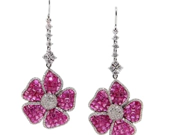 Statement Ruby Invisible Set Dangle Earrings for Women 925 Sterling Silver White CZ Handmade Heritage Jewelry Pink Flower Bridal Earrings