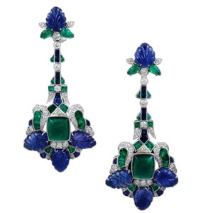 Carving Leaf Blue Sapphire Emerald Earrings/ 925 Sterling Silver Dangle Earrings/ Art Deco Style Earrings/ Tutti Frutti Earrings/ Handmade