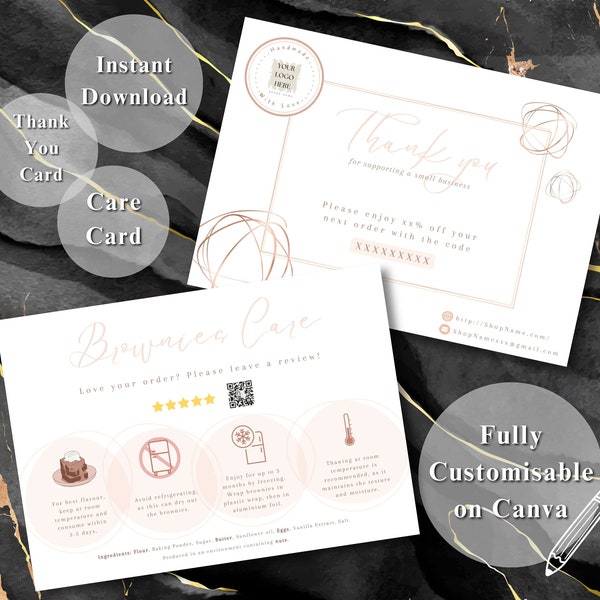 Customisable Brownies Care Template, Editable Thank You Cards Custom Instruction Card, logo review social media discount code package insert