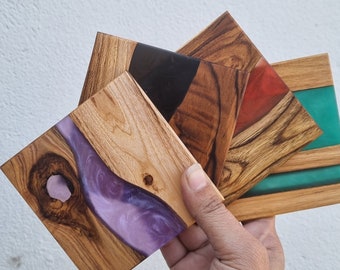 Multicolor Personalized Teak Wood Coasters, Multicolor Resin River Epoxy Coaster Set, Custom Coasters engraved Housewarming Gift for all