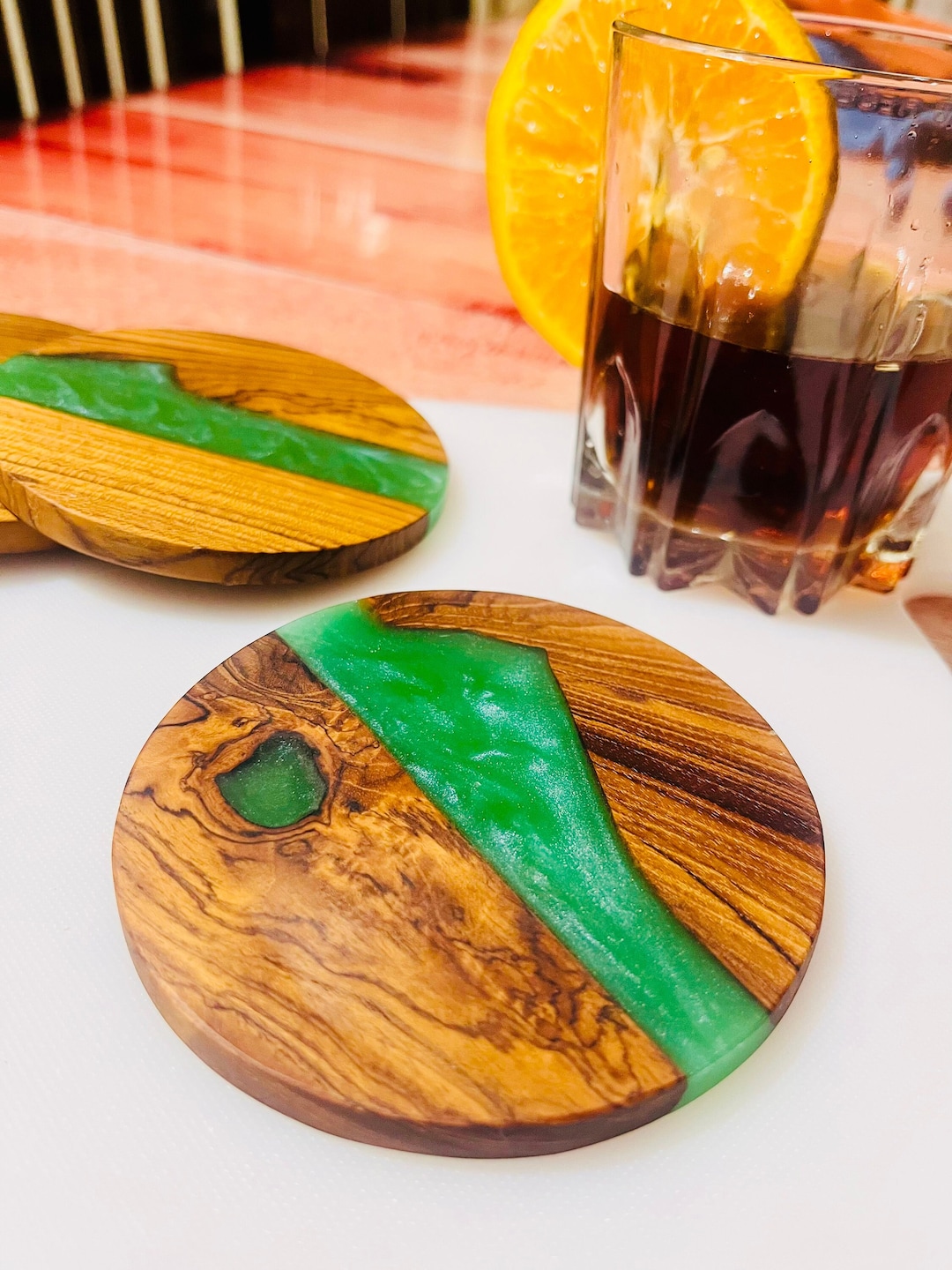 Personalized Teak Wood Coasters, Turquoise Resin River Epoxy Coaster
