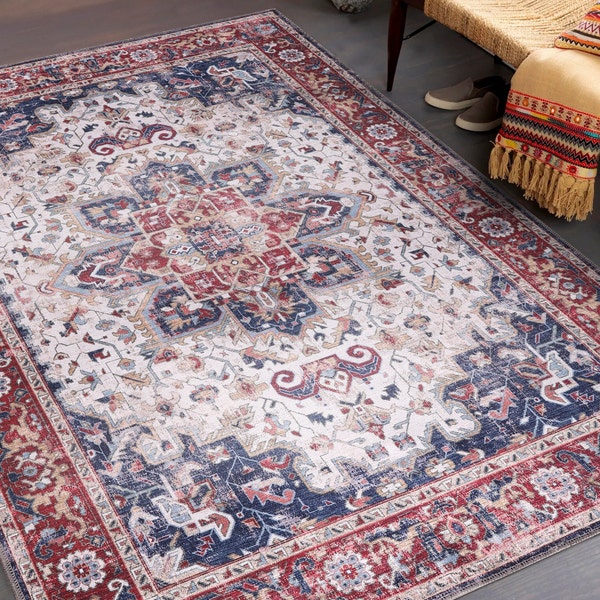 NETLINE HOME Washable Rug, Floral Pattern Blue And Red Rug, Persian, Traditional Distressed Design Rug, Free Shipping, Turkish Rug For Home