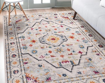 NETLINE HOME Alfombra oriental, vintage, clásica, de diseño antiguo, alfombra multicolor crema, envío gratis, alfombra turca de Anatolia para sala de estar
