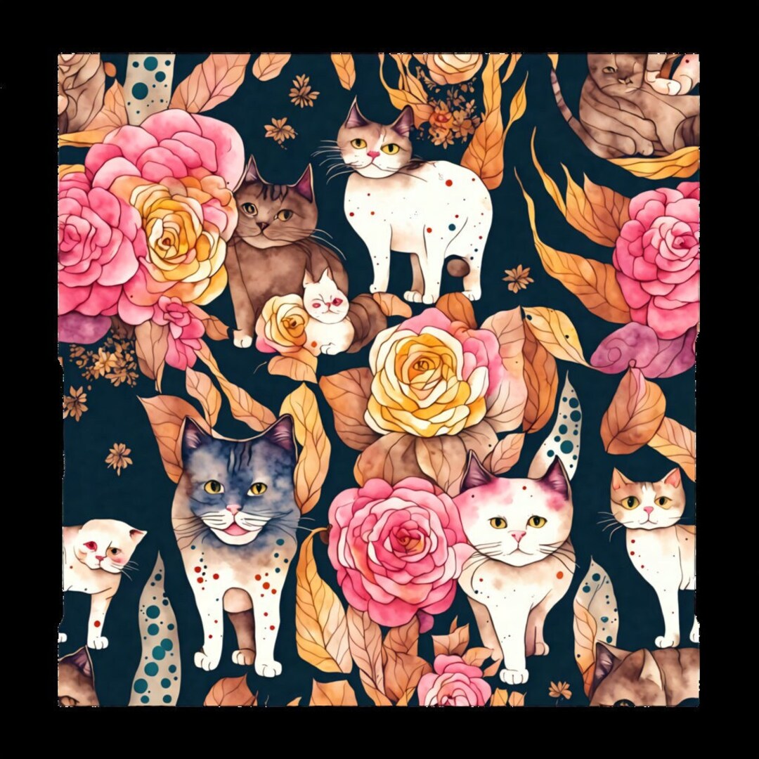 Cats and Flowers Digital Paper, Seamless Vintage Cats Flowers Leaf ...