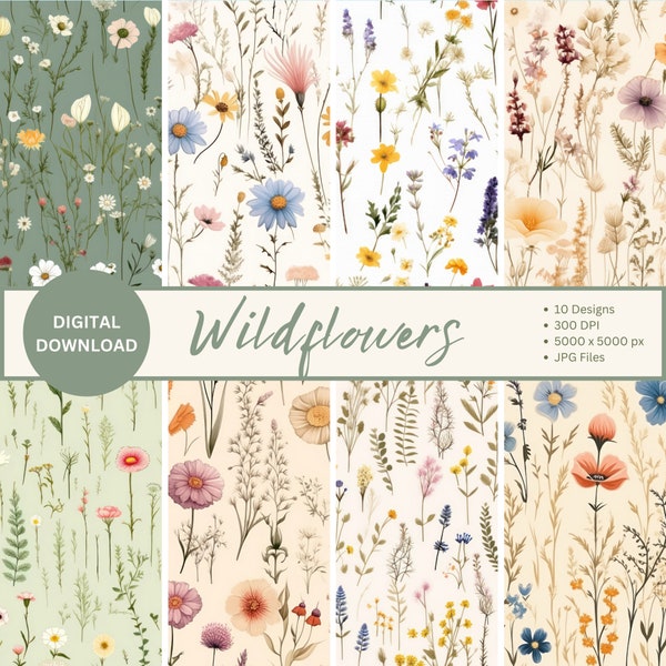 Wildflowers Digital Paper, seamless wildflower pastel printable textures printable scrapbook paper