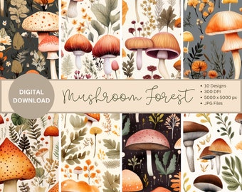 Mushroom Forest Digital Paper, seamless mushroom forest printable textures printable scrapbook paper