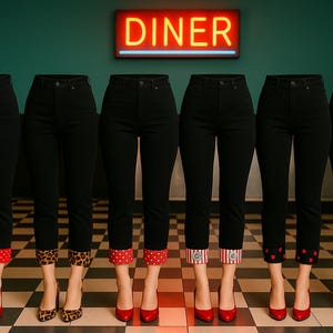Capris rockabilly personalizados con puños estampados, cintura alta, estilo retro, largo capri, estilo cigarrillo, en tela de leopardo, calavera, cereza o guinga.