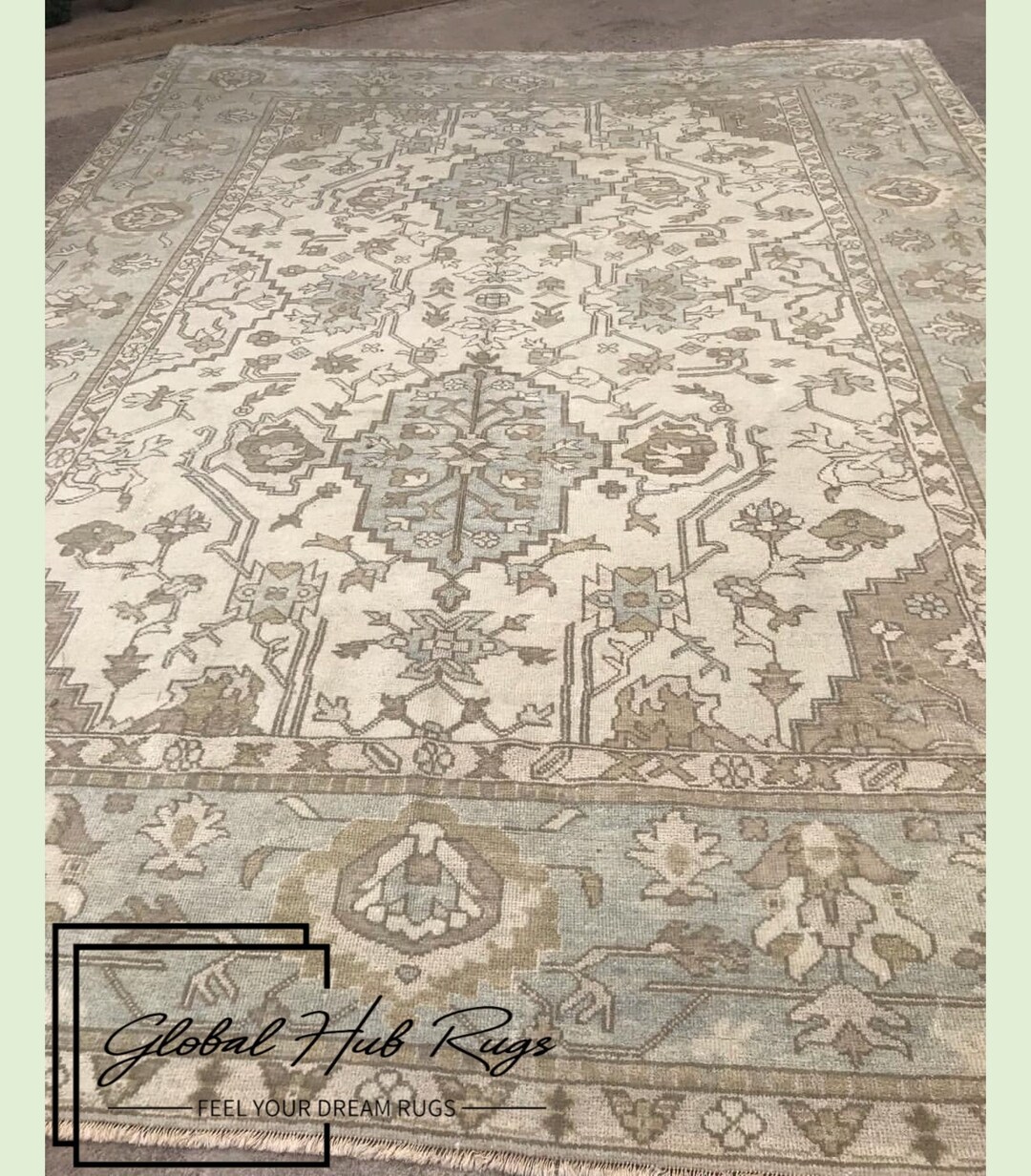 Contemporary Cream & Grey Modern Oushak Hand Knotted Rug Wool Area