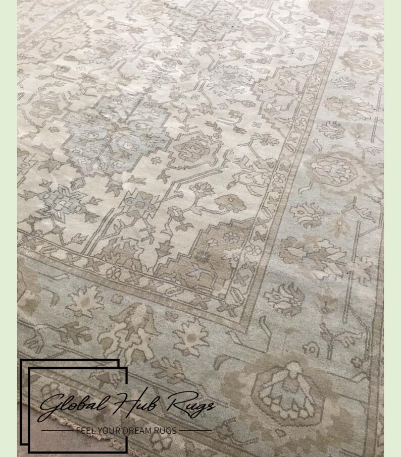 Contemporary Cream & Grey Modern Oushak Hand Knotted Rug Wool Area