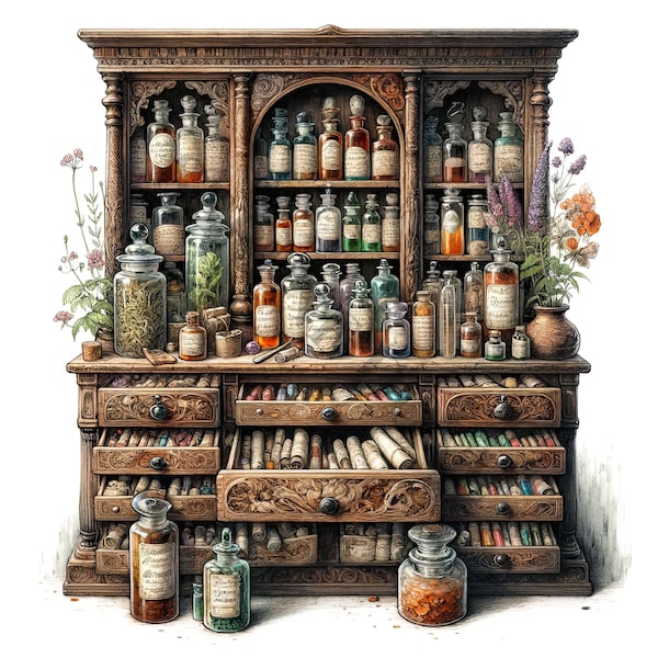 Apothecary Cabinet Clipart - 13 High Quality PNGs, Memory Books, Junk Journals, Scrapbooks, Planners, Commercial Use, Digital Download