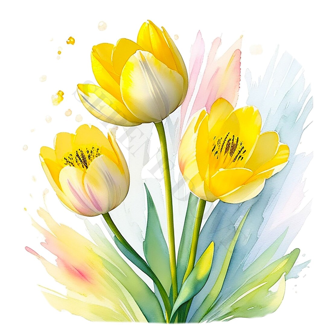 Yellow Tulip Clipart Bundle - Watercolor Spring Flowers PNG, Floral ...