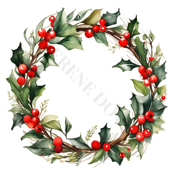 Holly Wreath Clipart - 12 PNG de haute qualité, Téléchargement numérique, Fabrication de cartes, Mixed Media, Digital Paper Craft