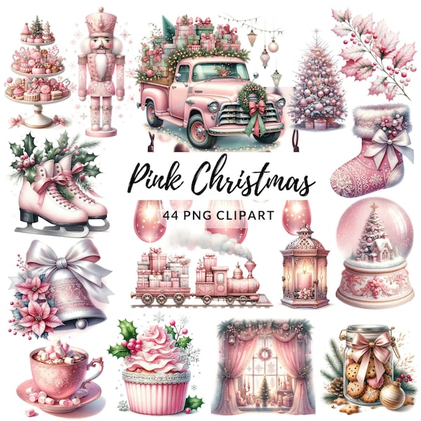 Pink Christmas Clipart - 44 High Quality PNGs, Memory Book, Junk Journals, Scrapbooks, Digital Planners, Commercial Use, Sublimation