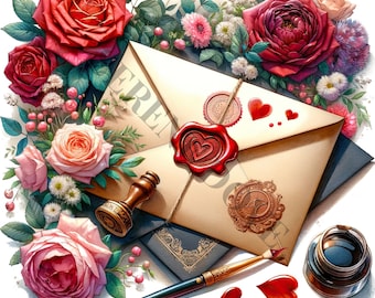 Op de afbeelding: Een vintage-stijl envelop met rode waszegels en harten, omringd door roze en rode rozen, een ganzenveer en een inktpot. De envelop heeft de woorden "Liefde" en "Voor altijd" erop geschreven.