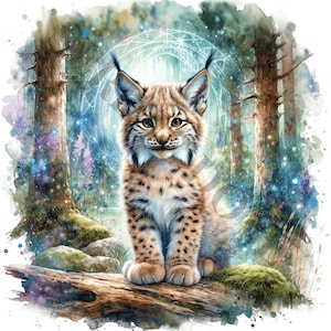 May include: A watercolour painting of a young lynx sitting on a log in a forest. The lynx has brown and white fur and is looking at the viewer. The background is a blue and green forest with a glowing circle in the centre.