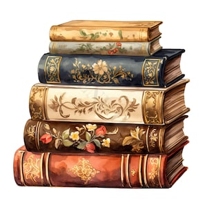 May include: A stack of vintage hardback books with ornate gold detailing and floral patterns on the covers. The books are arranged in a pyramid shape, with the largest book at the bottom and the smallest book at the top.