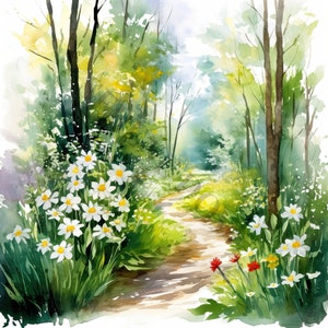 May include: A watercolor painting of a forest path with a light green and blue color scheme. The path is lined with white daisies and leads to a clearing in the woods.