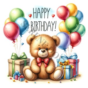 May include: A brown teddy bear wearing a red bow tie sits in front of a stack of wrapped gifts. Colorful balloons with strings are tied together and float above the bear. The text "Happy Birthday!" is written in black above the bear.