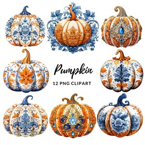 May include: Twelve digital illustrations of pumpkins with blue and orange floral patterns. The pumpkins are in various poses and have a vintage, ornate style. The text "Pumpkin 12 PNG CLIPART" is displayed below the pumpkins.