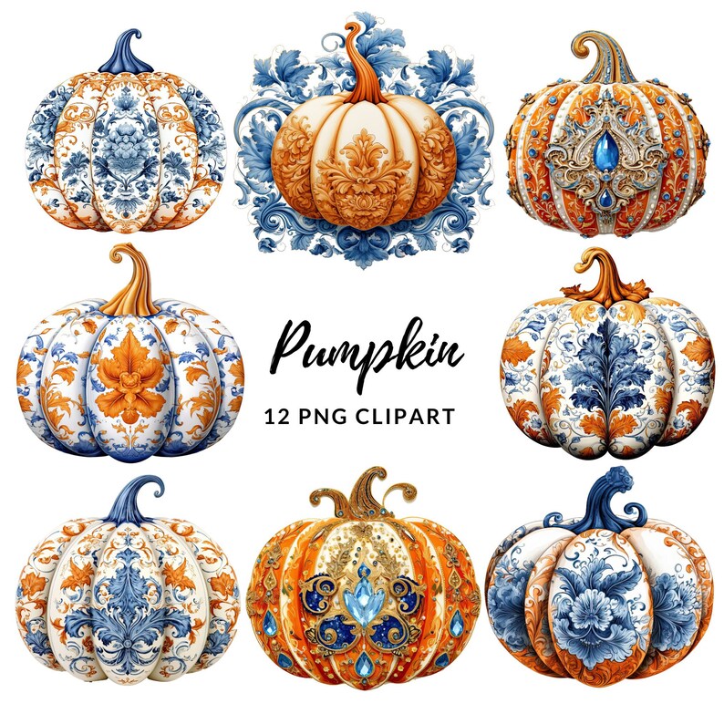 May include: Twelve digital illustrations of pumpkins with blue and orange floral patterns. The pumpkins are in various poses and have a vintage, ornate style. The text "Pumpkin 12 PNG CLIPART" is displayed below the pumpkins.
