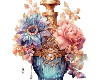Floral Perfume Bottle Clipart - 12 High Quality PNGs, Digital Paper Crafting, Digital Planner, Apparel, Watercolor, Digital Download