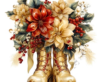 Golden Christmas Boots Clipart - 12 High Quality PNGs, Digital Planner, Junk Journal, Scrapbook, Memory Book, Commercial Use, Sublimation