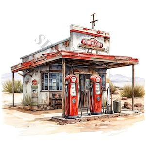 Vecchio negozio/distributore di benzina nel deserto Clipart - 12 PNG di alta qualità, pianificatore digitale, diario spazzatura, album di ritagli, libro dei ricordi, uso commerciale