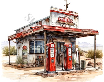 Old Shop/Gas Station In Desert Clipart - 12 High Quality PNGs, Digital Planner, Junk Journal, Scrapbook, Memory Book, Commercial Use