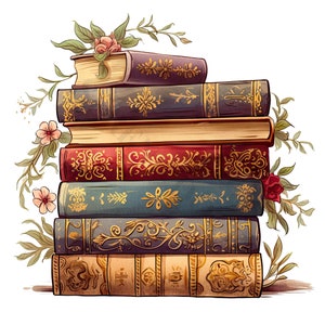 May include: A stack of vintage books with ornate gold and red designs on the covers. The books are decorated with floral accents and are arranged on a white background.