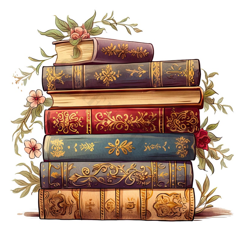 May include: A stack of vintage books with ornate gold and red designs on the covers. The books are decorated with floral accents and are arranged on a white background.