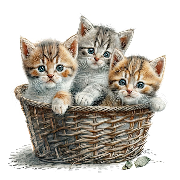 Kittens In The Basket Clipart - 12 High Quality PNGs, Digital Paper Crafting, Digital Planner, Apparel, Watercolor, Digital Download,