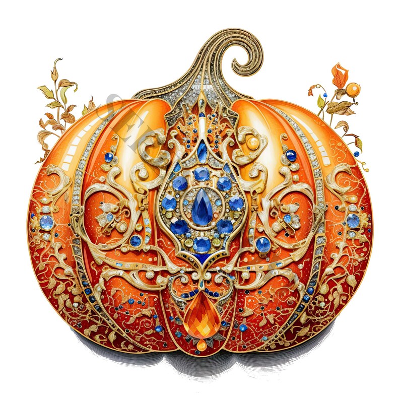 May include: A decorative pumpkin with intricate gold and blue embellishments. The pumpkin is adorned with jewels and a crown-like design.
