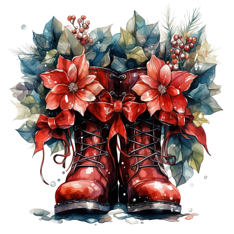 Pode incluir: Botas de couro vermelhas com um la&ccedil;o vermelho e flores de poinsettia. As botas est&atilde;o rodeadas de folhas verdes e bagas vermelhas.