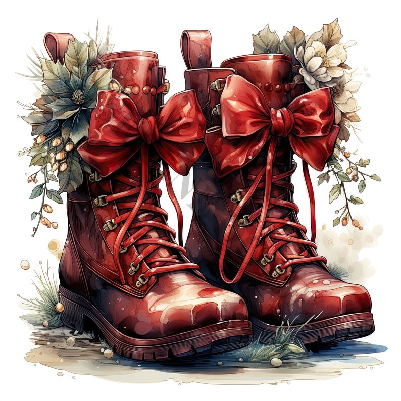 Pode incluir: Um par de botas de couro vermelho com grandes la&ccedil;os vermelhos. As botas s&atilde;o decoradas com detalhes florais e s&atilde;o colocadas sobre um fundo branco.