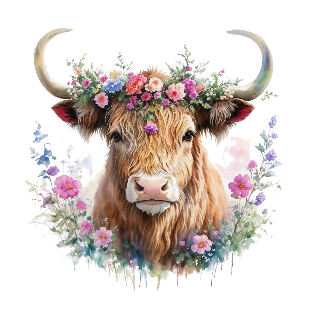 Highland Cow With Flowers Clipart - Watercolor PNG, Floral Junk Journal ...