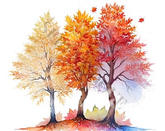 May include: Watercolor painting of three trees with autumn leaves. The trees are in shades of yellow, orange, and red. The leaves are falling from the trees.