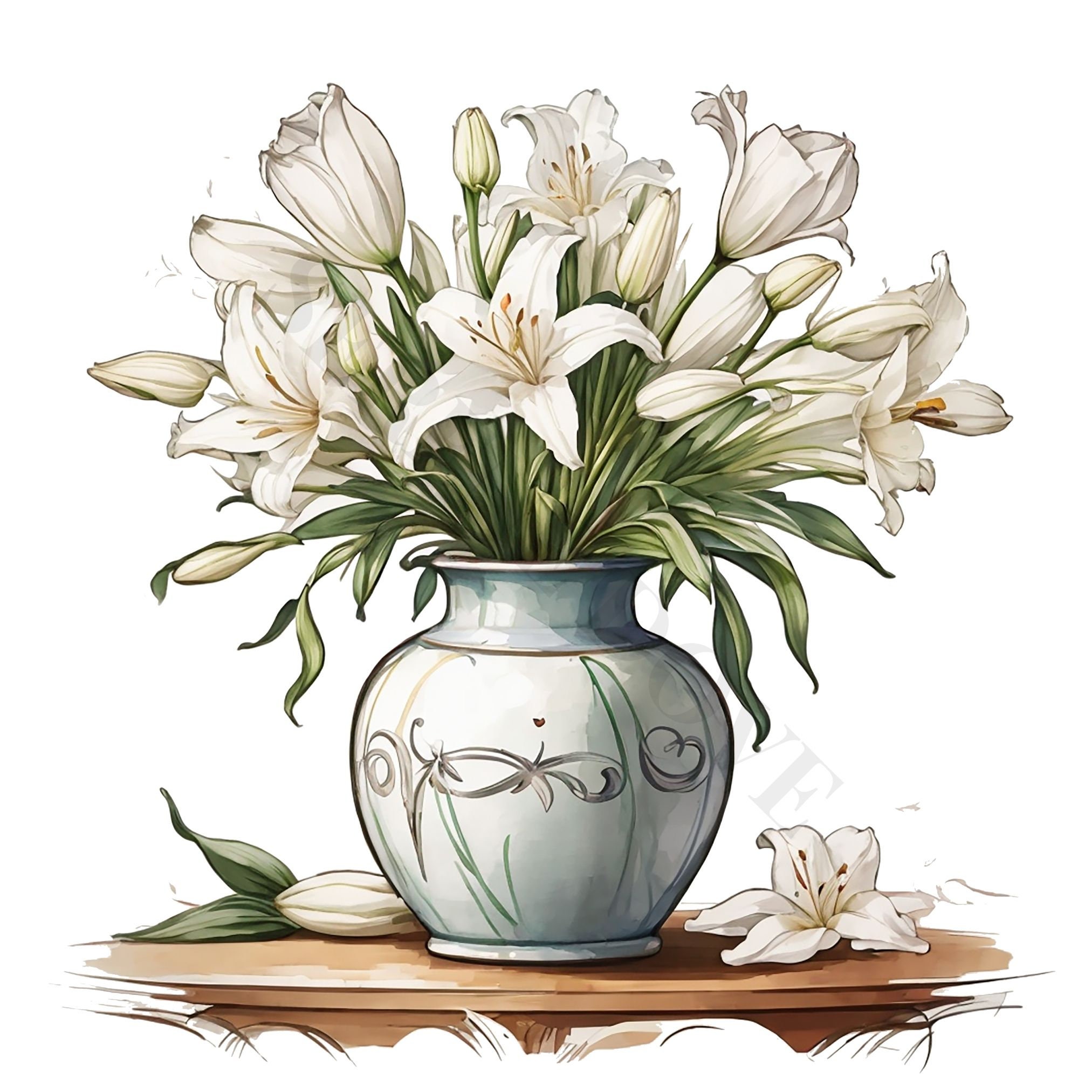 ユリの花束 水彩画 フレーム付き F6号サイズ ユリの花瓶の水彩画