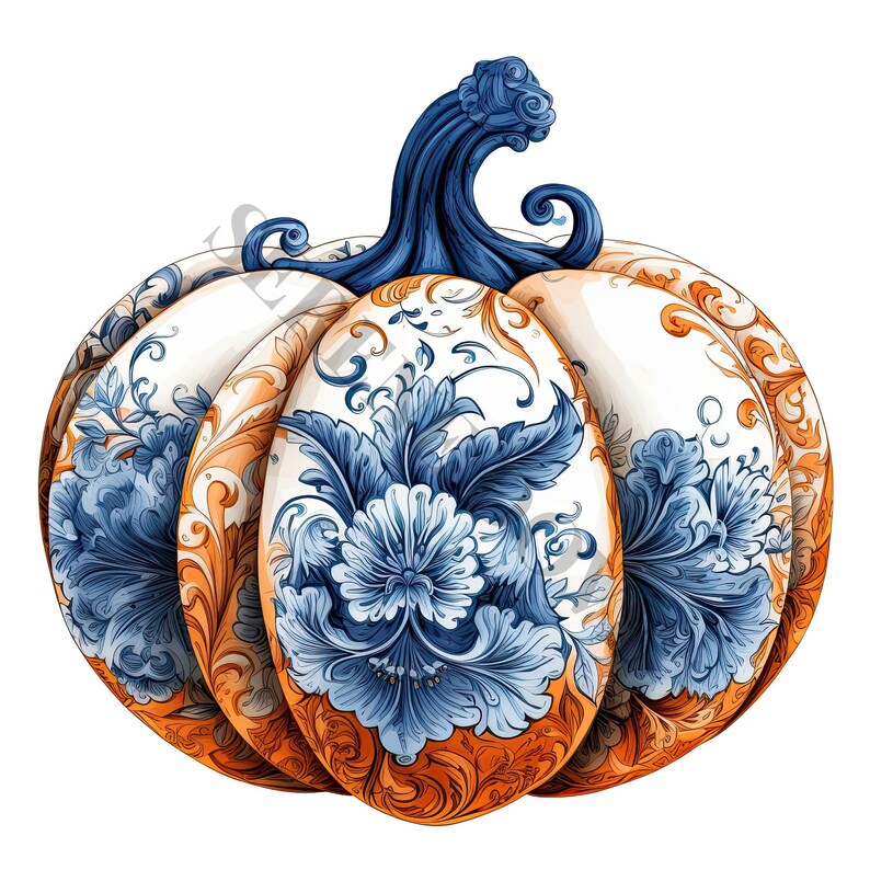 May include: A white pumpkin with a blue and orange floral design. The pumpkin has a blue stem and is decorated with intricate details.
