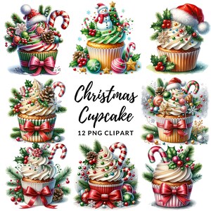 K&ouml;nnte beinhalten: Zw&ouml;lf weihnachtliche Cupcakes, verziert mit rotem und gr&uuml;nem Frosting, Zuckerstangen, Stechpalmen und anderen festlichen Elementen. Die Cupcakes sind in einem Raster angeordnet und haben einen wei&szlig;en Hintergrund.