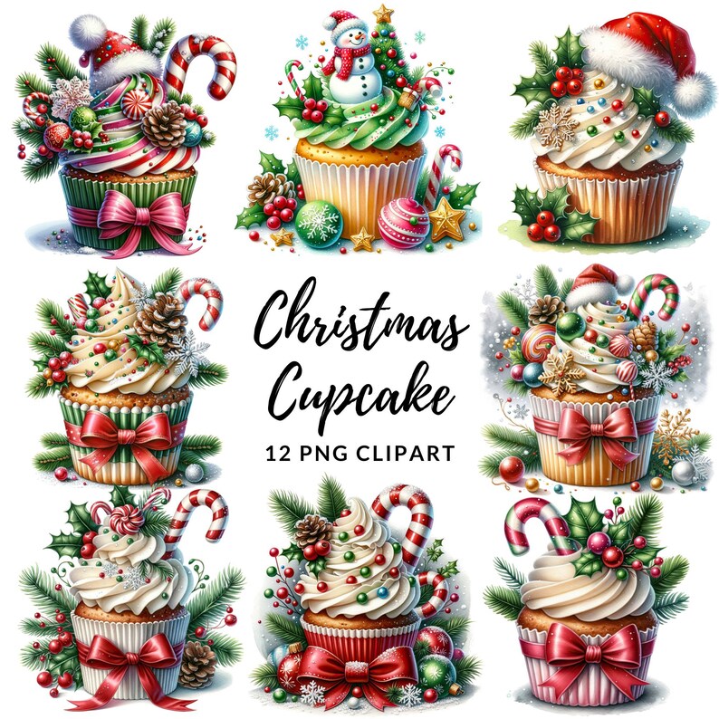 K&ouml;nnte beinhalten: Zw&ouml;lf weihnachtliche Cupcakes, verziert mit rotem und gr&uuml;nem Frosting, Zuckerstangen, Stechpalmen und anderen festlichen Elementen. Die Cupcakes sind in einem Raster angeordnet und haben einen wei&szlig;en Hintergrund.