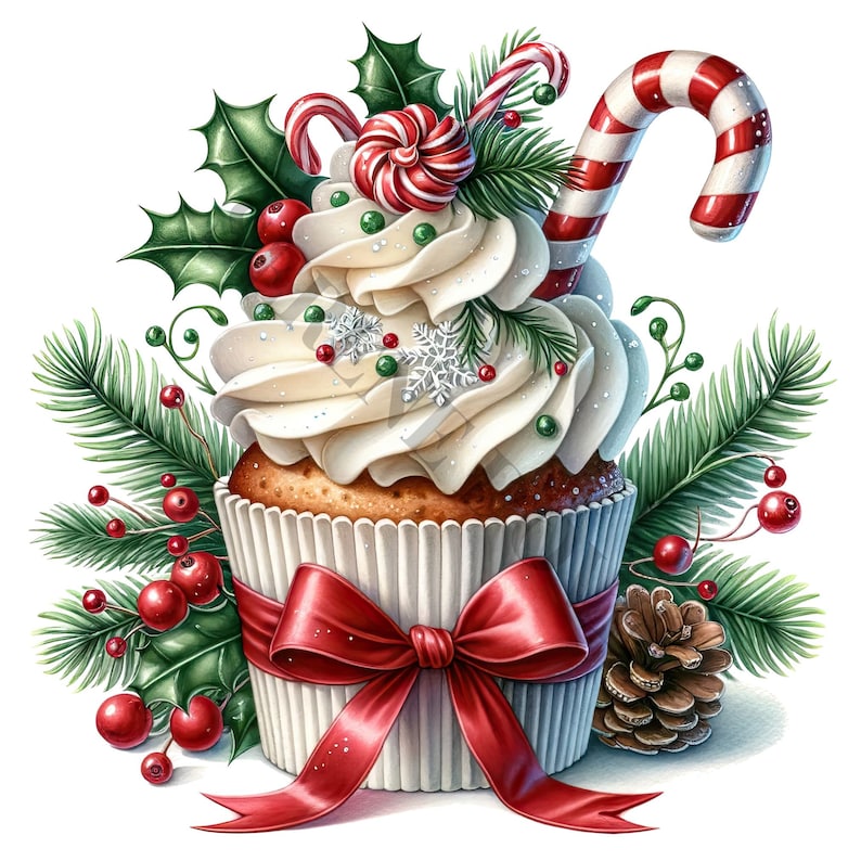 K&ouml;nnte beinhalten: Ein wei&szlig;er Cupcake mit wei&szlig;em Frosting, verziert mit roten und gr&uuml;nen S&uuml;&szlig;igkeiten, Stechpalme und einem Zuckerstangen. Der Cupcake ist mit einem roten Band gebunden und sitzt auf einem wei&szlig;en Cupcake-Papier.