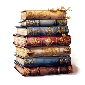 May include: A stack of eight antique books with ornate gold and red detailing on the covers. The books are arranged in a vertical stack with the top book slightly offset to the right. The books are set against a white background.