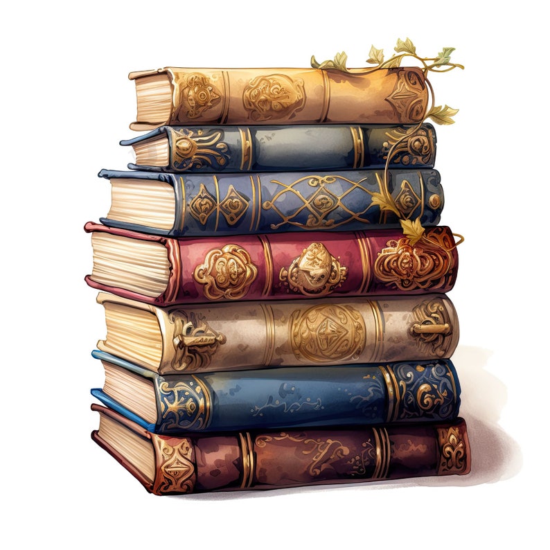May include: A stack of eight antique books with ornate gold and red detailing on the covers. The books are arranged in a vertical stack with the top book slightly offset to the right. The books are set against a white background.