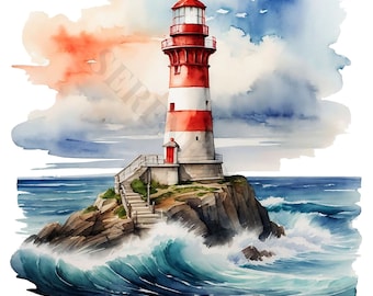 May include: A red and white striped lighthouse stands on a rocky outcropping with crashing waves in the foreground. The sky is a watercolor wash of blue, orange, and gray.