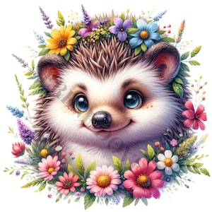 Clipart de ouriço e flores - 13 PNGs de alta qualidade, download digital, criação de cartões, clip art, artesanato em papel digital, sublimação