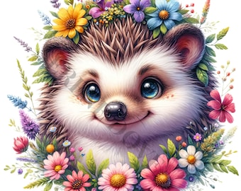 Hedgehog And Flowers Clipart - 13 High Quality PNGs, Digital Download, Card Making, Clip Art, Digital Paper Craft, Sublimation